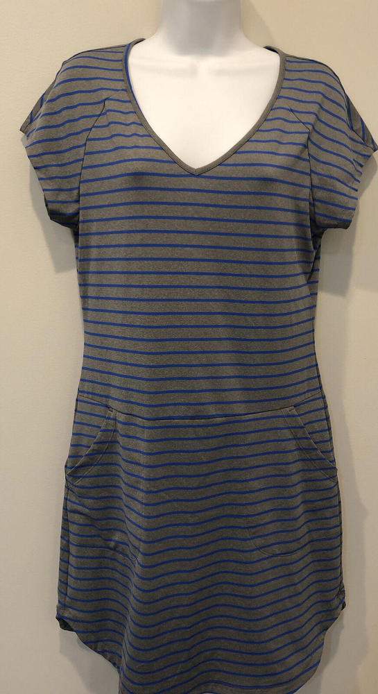 LOLE Gray and Blue Striped Poly Blend V-Neck Dress Stretchy Comfortable Sz Small